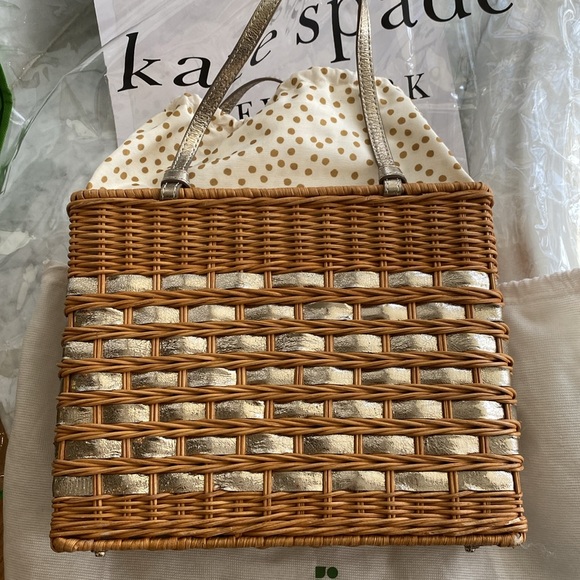 KATE SPADE ♠️ Wicker Basket Handbag Quinn WKRU1096 Edgartown Natural White Gold - Picture 8 of 16